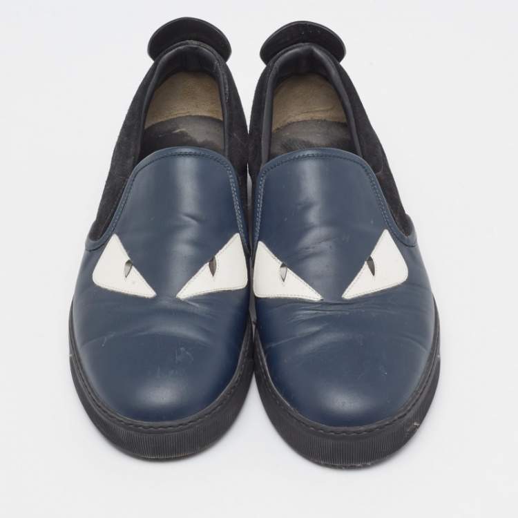 Pre Owned Fendi Navy Blue/Black Leather and Suede Monster Eye Slip-On Sneakers Size 44