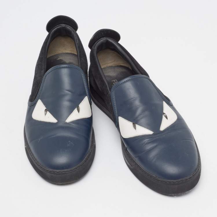 Pre Owned Fendi Navy Blue/Black Leather and Suede Monster Eye Slip-On Sneakers Size 44
