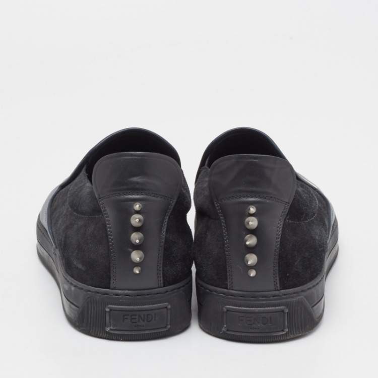 Pre Owned Fendi Navy Blue/Black Leather and Suede Monster Eye Slip-On Sneakers Size 44