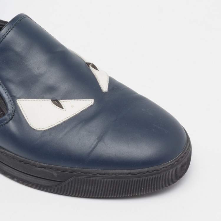 Pre Owned Fendi Navy Blue/Black Leather and Suede Monster Eye Slip-On Sneakers Size 44