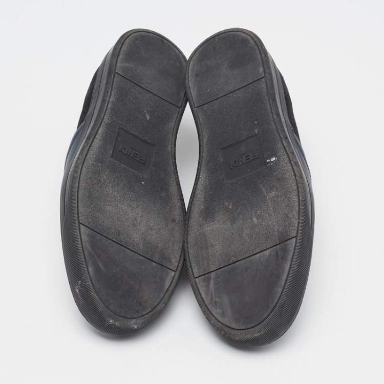 Pre Owned Fendi Navy Blue/Black Leather and Suede Monster Eye Slip-On Sneakers Size 44