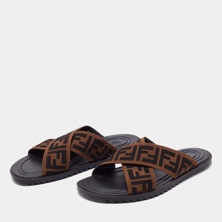 Pre Owned Fendi Brown Zucca Canvas Crisscross Slide Sandals Size 41
