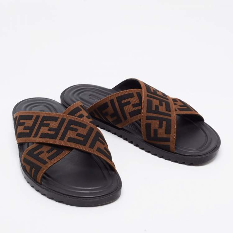 Pre Owned Fendi Brown Zucca Canvas Crisscross Slide Sandals Size 41