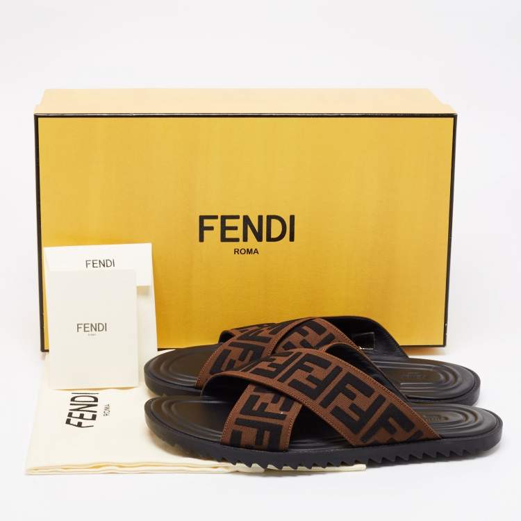 Pre Owned Fendi Brown Zucca Canvas Crisscross Slide Sandals Size 41