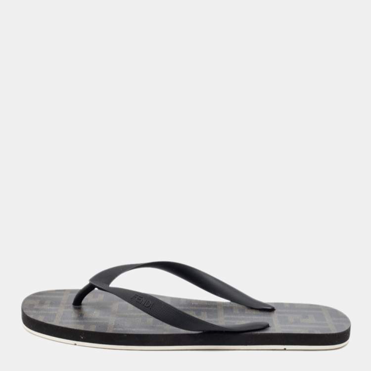 Pre Owned Fendi Black/Olive Green Rubber Thong Flats Size 41