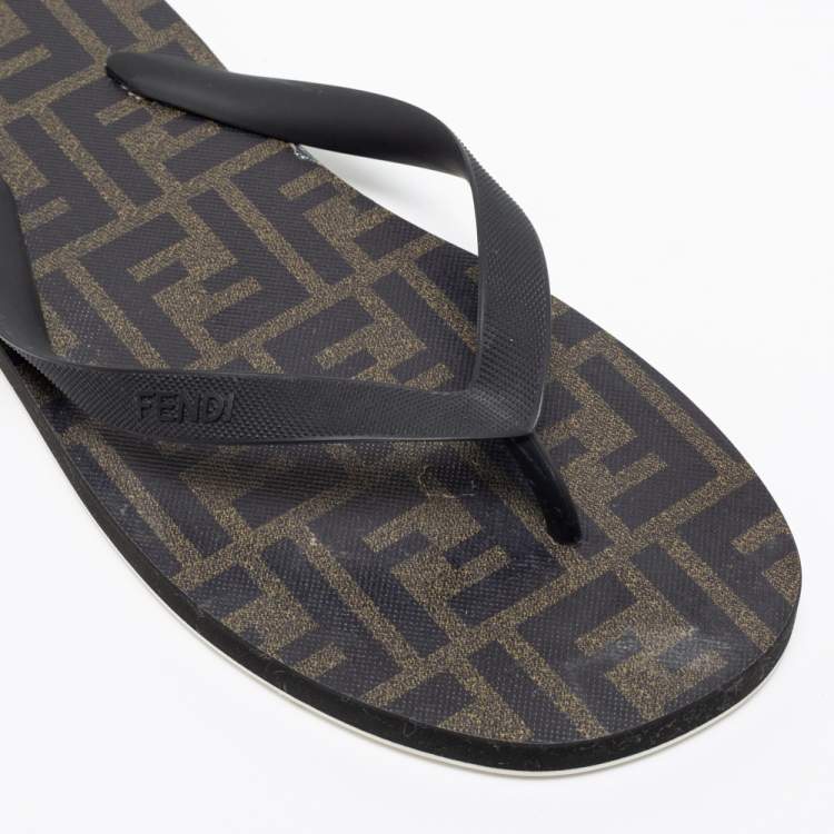 Pre Owned Fendi Black/Olive Green Rubber Thong Flats Size 41