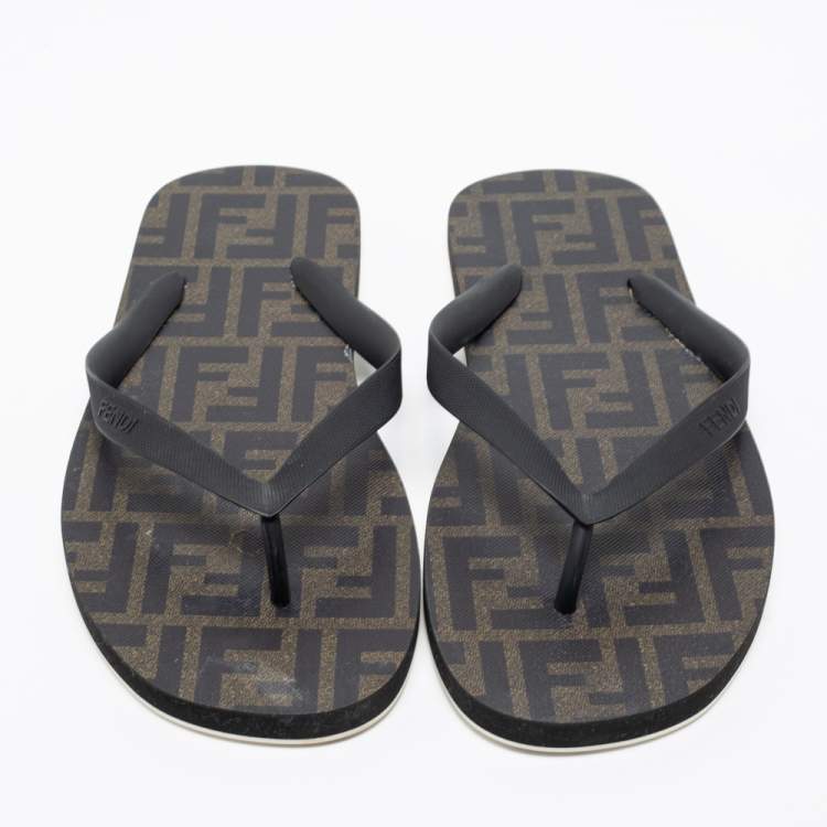 Pre Owned Fendi Black/Olive Green Rubber Thong Flats Size 41