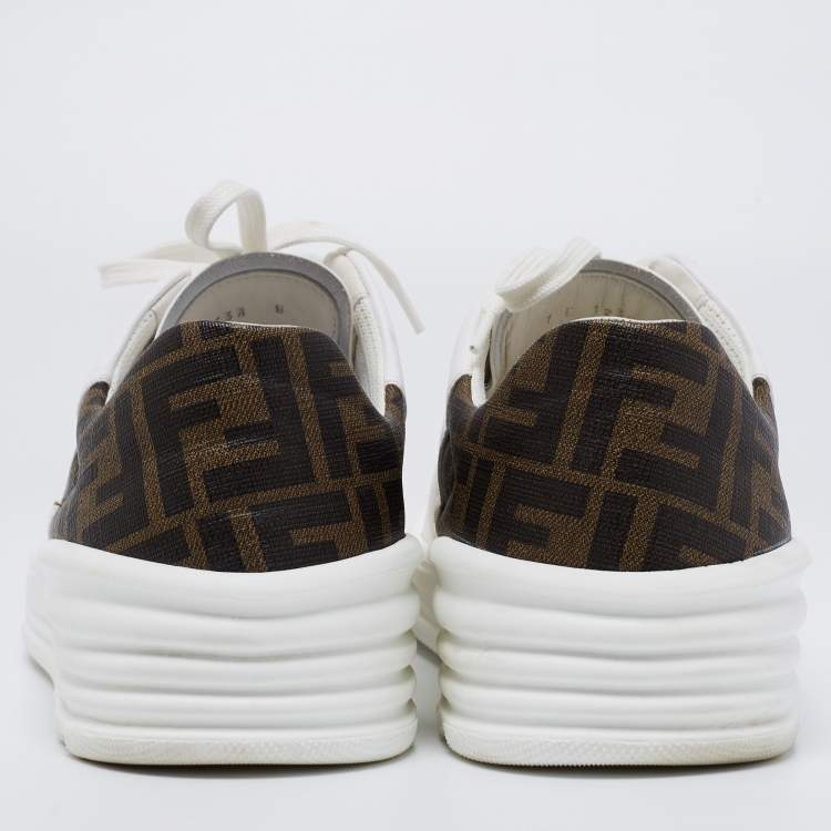 Pre Owned Fendi White/Brown Zucca Coated Canvas And Leather Low Top Sneakers Size 42
