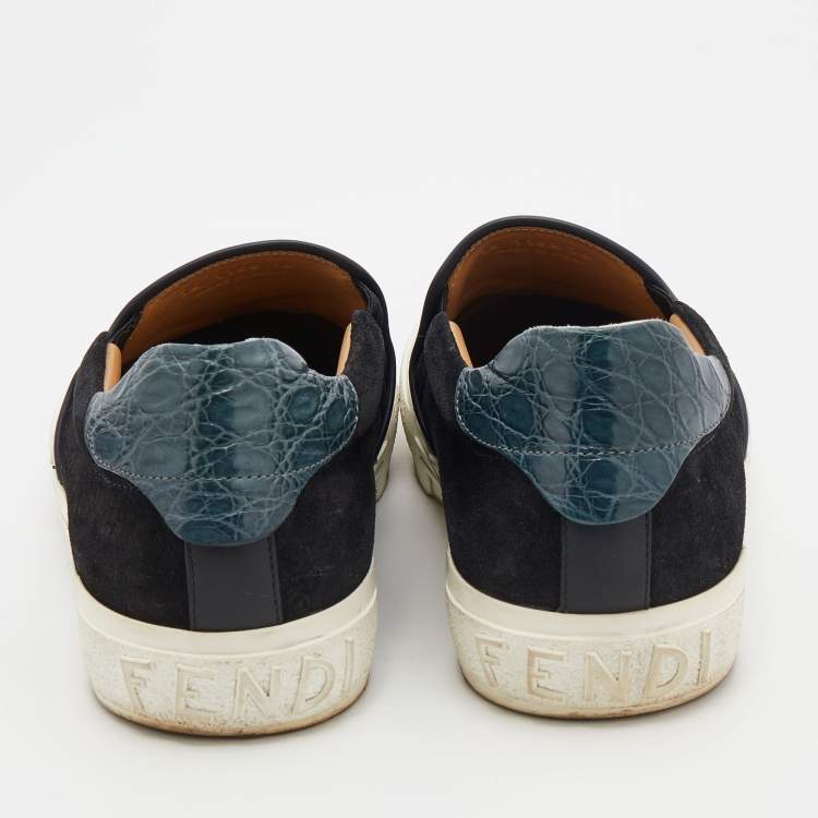 Pre Owned Fendi Tricolor Leather And Suede Monster Slip On Sneakers Size 44