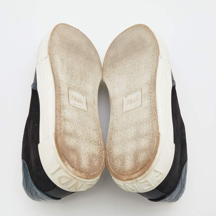 Pre Owned Fendi Tricolor Leather And Suede Monster Slip On Sneakers Size 44