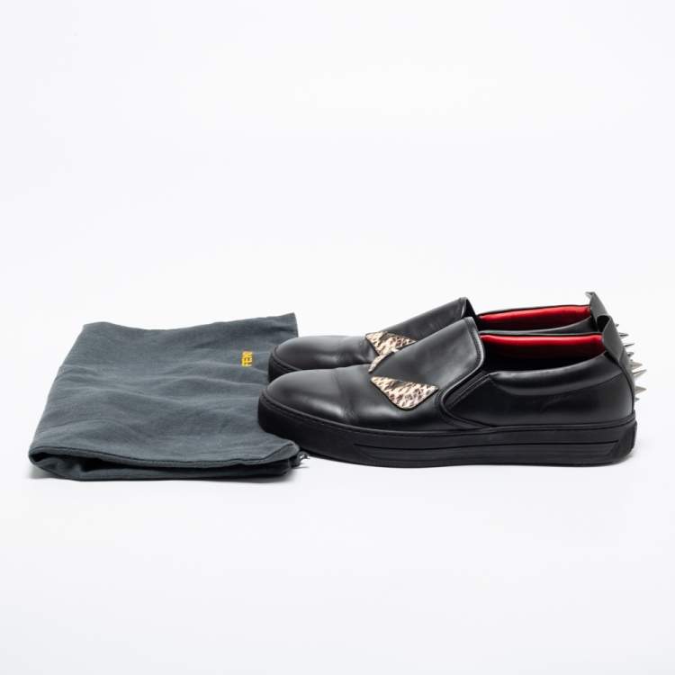 Pre Owned Fendi Black Python And Leather Trim Monster Spikes Slip On Sneakers Size 41