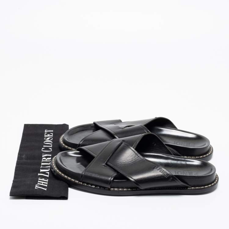 Pre Owned Fendi Black Leather Criss Cross Slide Sandals Size 43.5