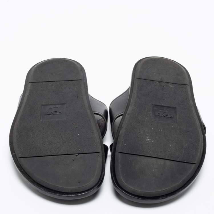 Pre Owned Fendi Black Leather Criss Cross Slide Sandals Size 43.5