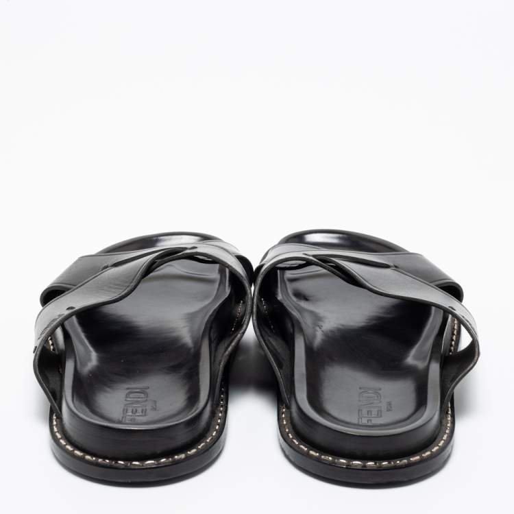 Pre Owned Fendi Black Leather Criss Cross Slide Sandals Size 43.5