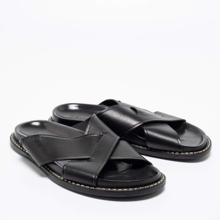 Pre Owned Fendi Black Leather Criss Cross Slide Sandals Size 43.5