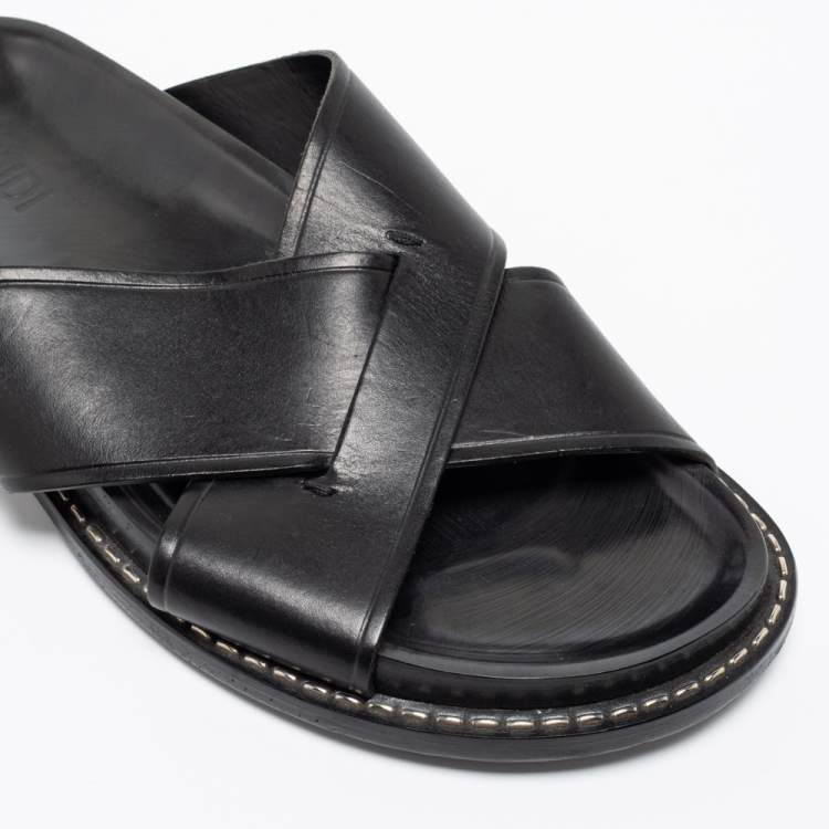 Pre Owned Fendi Black Leather Criss Cross Slide Sandals Size 43.5