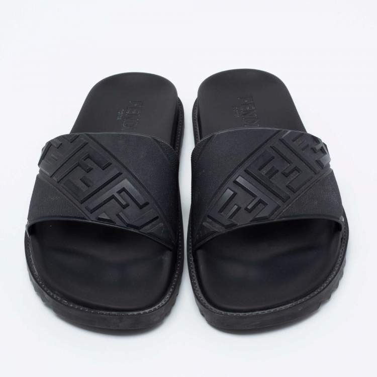 Pre Owned Fendi Black Rubber Embossed FF Logo Slides Size 43