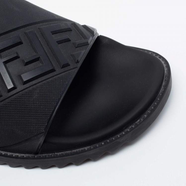 Pre Owned Fendi Black Rubber Embossed FF Logo Slides Size 43