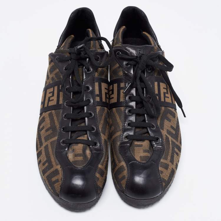 Pre Owned Fendi Tobacco/Black Zucca Canvas and Leather Low-Top Sneakers Size 41