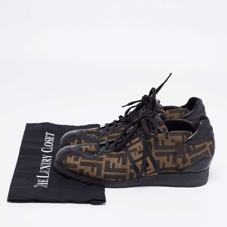 Pre Owned Fendi Tobacco/Black Zucca Canvas and Leather Low-Top Sneakers Size 41