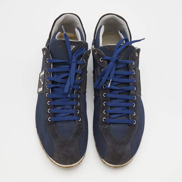 Pre Owned Fendi Navy Blue/Black Suede And Fabric FF Logo Band Low Top Sneakers Size 41