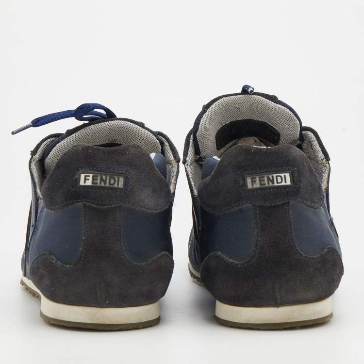 Pre Owned Fendi Navy Blue/Black Suede And Fabric FF Logo Band Low Top Sneakers Size 41