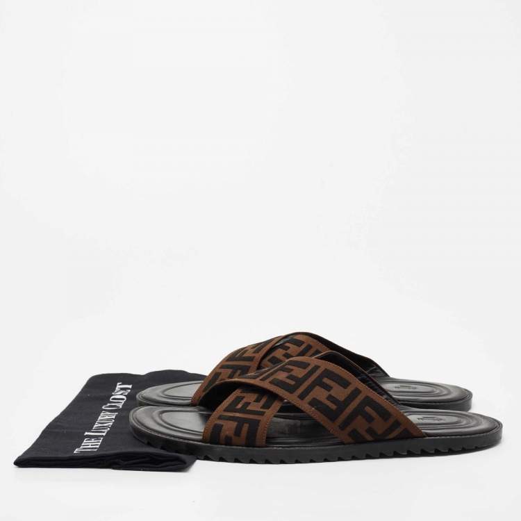 Pre Owned Fendi Brown/Black Zucca Canvas Crisscross Slide Sandals Size 46