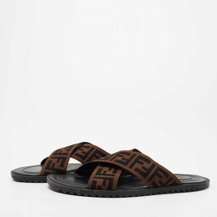 Pre Owned Fendi Brown/Black Zucca Canvas Crisscross Slide Sandals Size 46