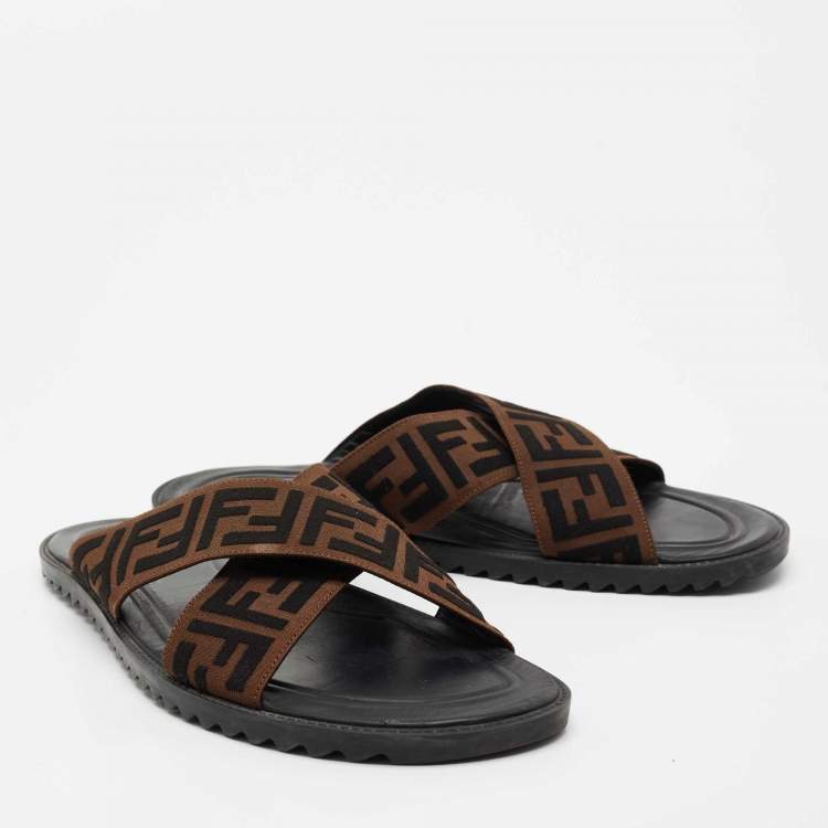 Pre Owned Fendi Brown/Black Zucca Canvas Crisscross Slide Sandals Size 46