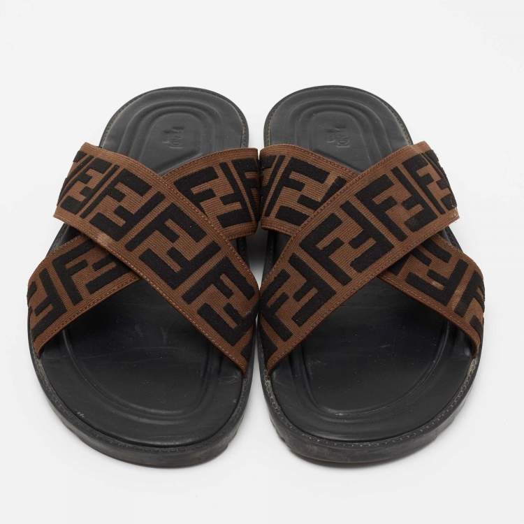Pre Owned Fendi Brown/Black Zucca Canvas Crisscross Slide Sandals Size 46