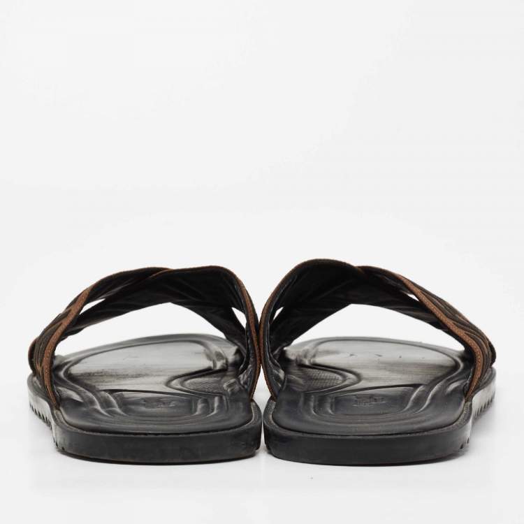 Pre Owned Fendi Brown/Black Zucca Canvas Crisscross Slide Sandals Size 46