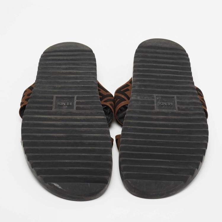 Pre Owned Fendi Brown/Black Zucca Canvas Crisscross Slide Sandals Size 46