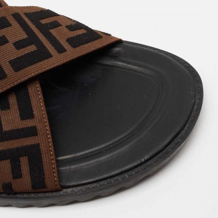 Pre Owned Fendi Brown/Black Zucca Canvas Crisscross Slide Sandals Size 46