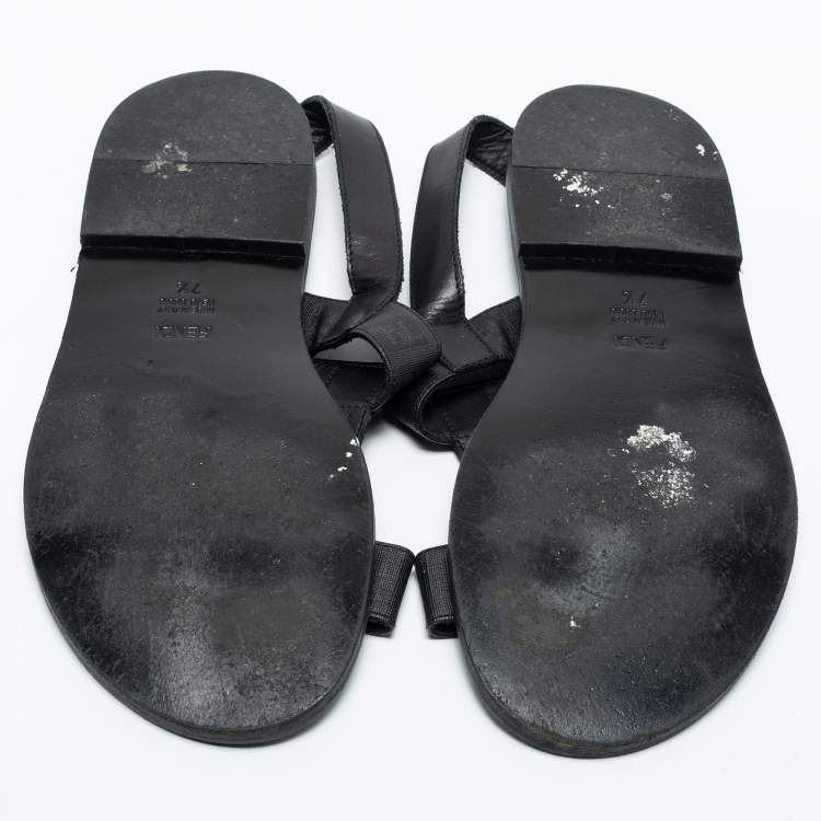 Pre Owned Fendi Black Leather/Canvas Logo Flat Sandals Size 41.5