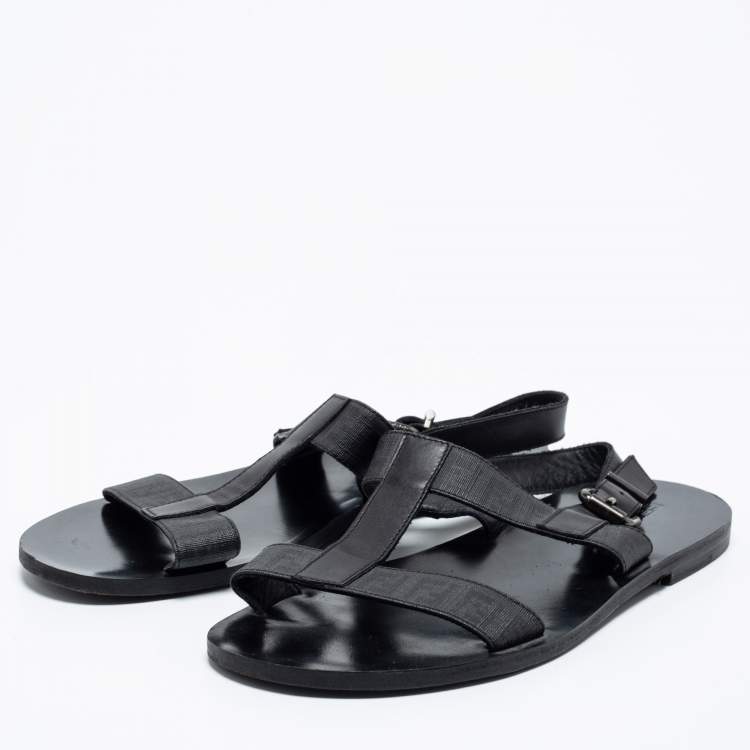 Pre Owned Fendi Black Leather/Canvas Logo Flat Sandals Size 41.5