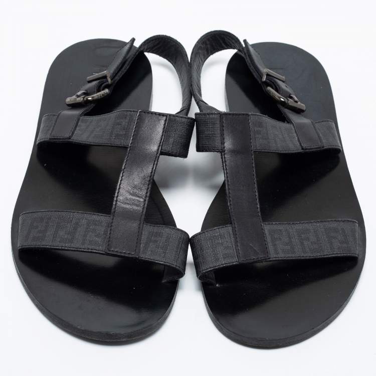 Pre Owned Fendi Black Leather/Canvas Logo Flat Sandals Size 41.5