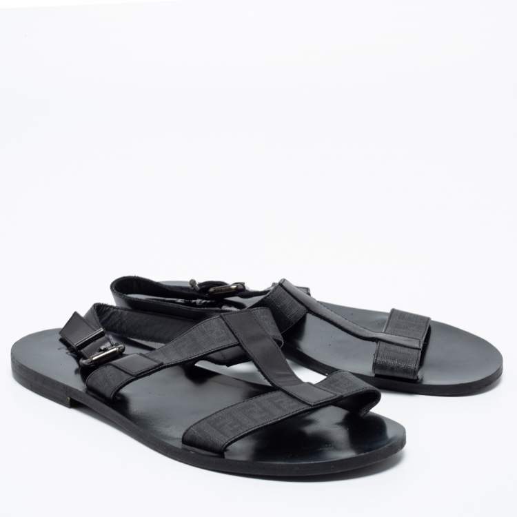Pre Owned Fendi Black Leather/Canvas Logo Flat Sandals Size 41.5