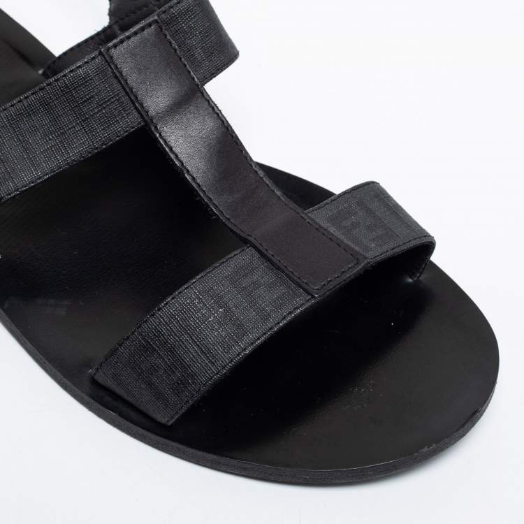 Pre Owned Fendi Black Leather/Canvas Logo Flat Sandals Size 41.5