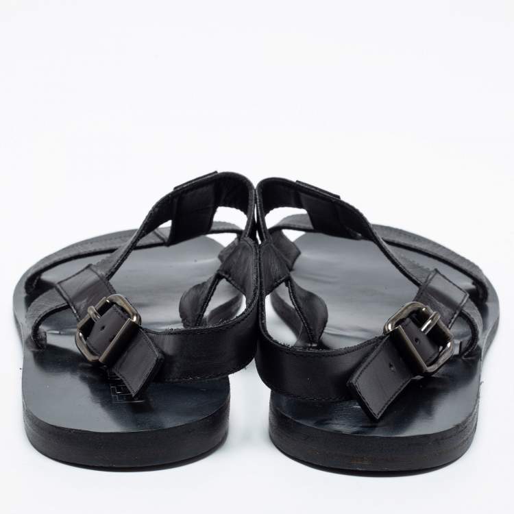 Pre Owned Fendi Black Leather/Canvas Logo Flat Sandals Size 41.5