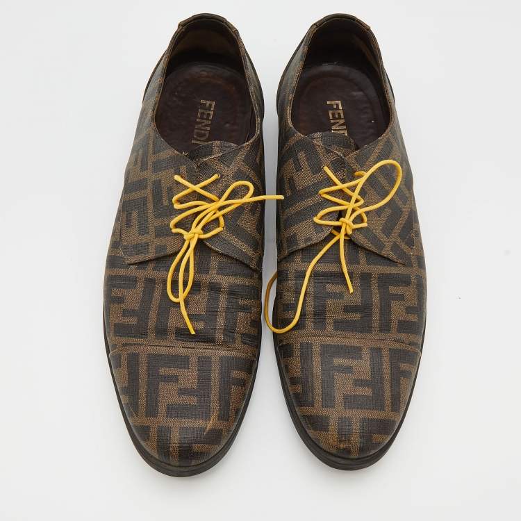 Pre Owned Fendi Tobacco Zucca Coated Canvas Lace Up Derby Size 42.5