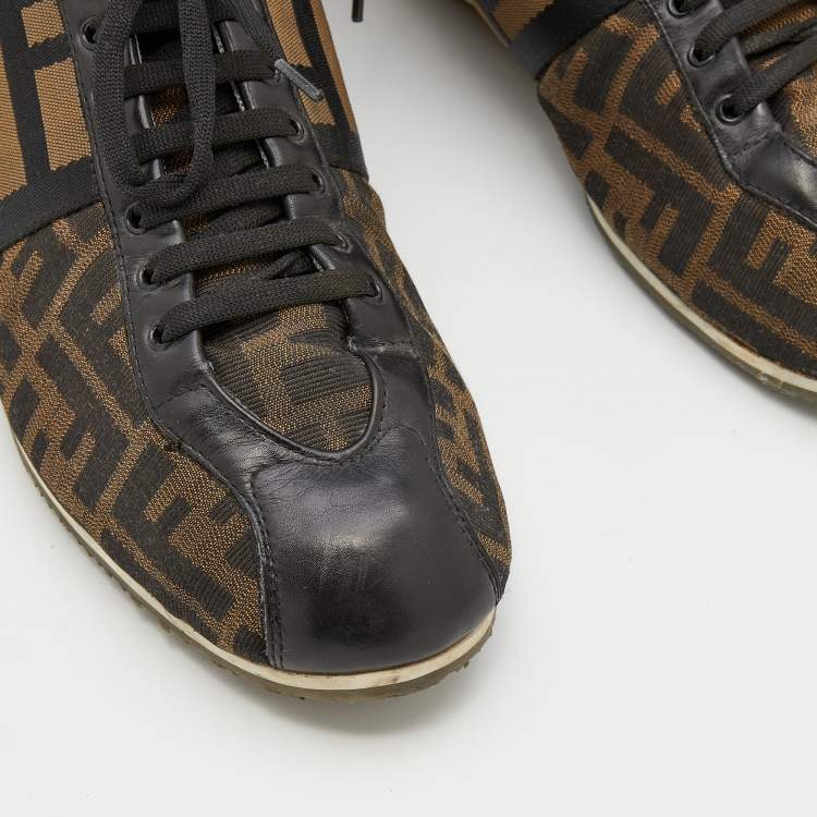 Pre Owned Fendi Brown/Black Zucca Canvas And Leather Low Top Sneakers Size 44