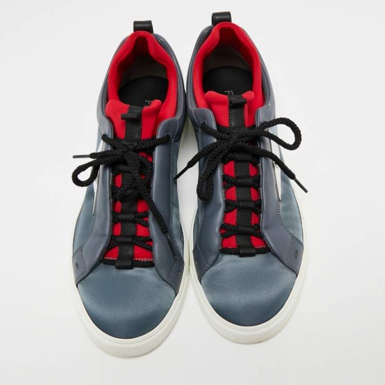 Pre Owned Fendi Red/Grey Leather And Fabric  Rockoko Low Top Sneakers Size 42 