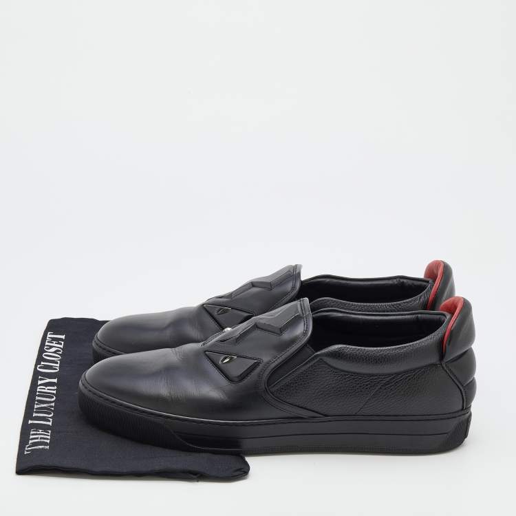 Pre Owned Fendi Black Leather Monster 3D Eyes Slip On Sneakers Size 44