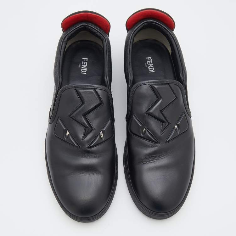 Pre Owned Fendi Black Leather Monster 3D Eyes Slip On Sneakers Size 44