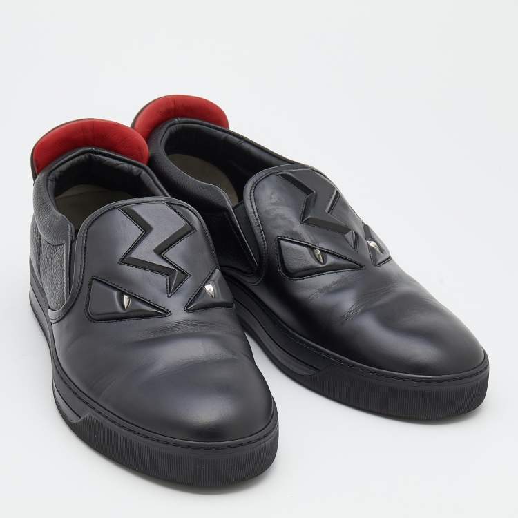 Pre Owned Fendi Black Leather Monster 3D Eyes Slip On Sneakers Size 44