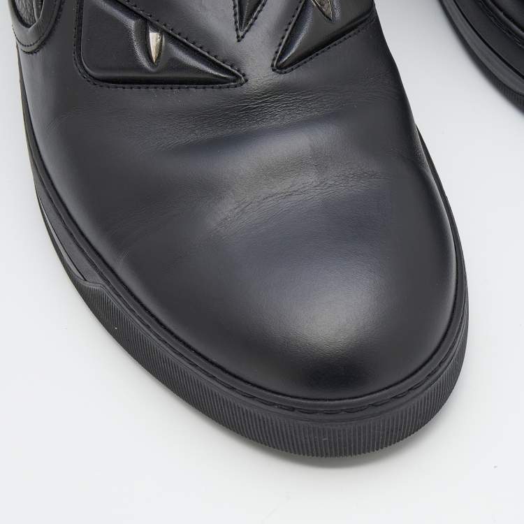 Pre Owned Fendi Black Leather Monster 3D Eyes Slip On Sneakers Size 44