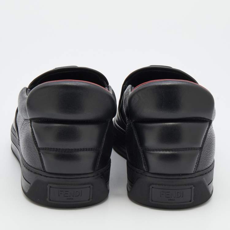 Pre Owned Fendi Black Leather Monster 3D Eyes Slip On Sneakers Size 44