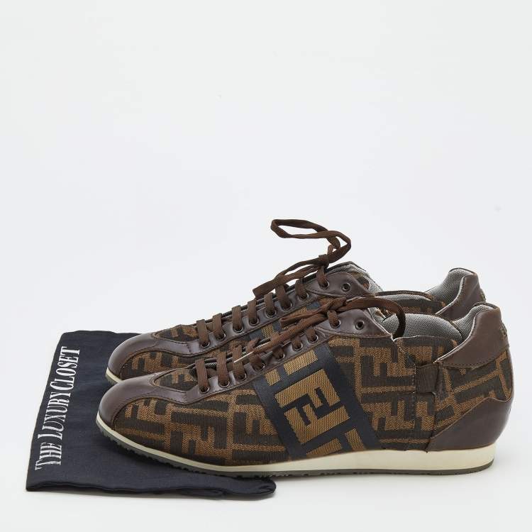 Pre Owned Fendi Brown Zucca Canvas And Leather Low Top Sneakers Size 43.5