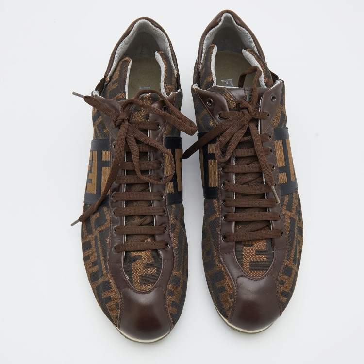 Pre Owned Fendi Brown Zucca Canvas And Leather Low Top Sneakers Size 43.5