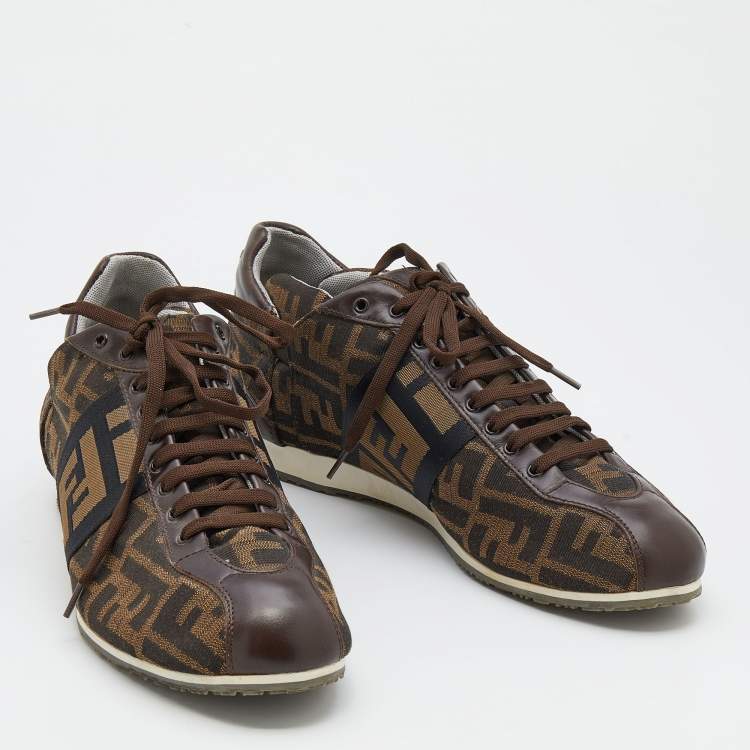 Pre Owned Fendi Brown Zucca Canvas And Leather Low Top Sneakers Size 43.5